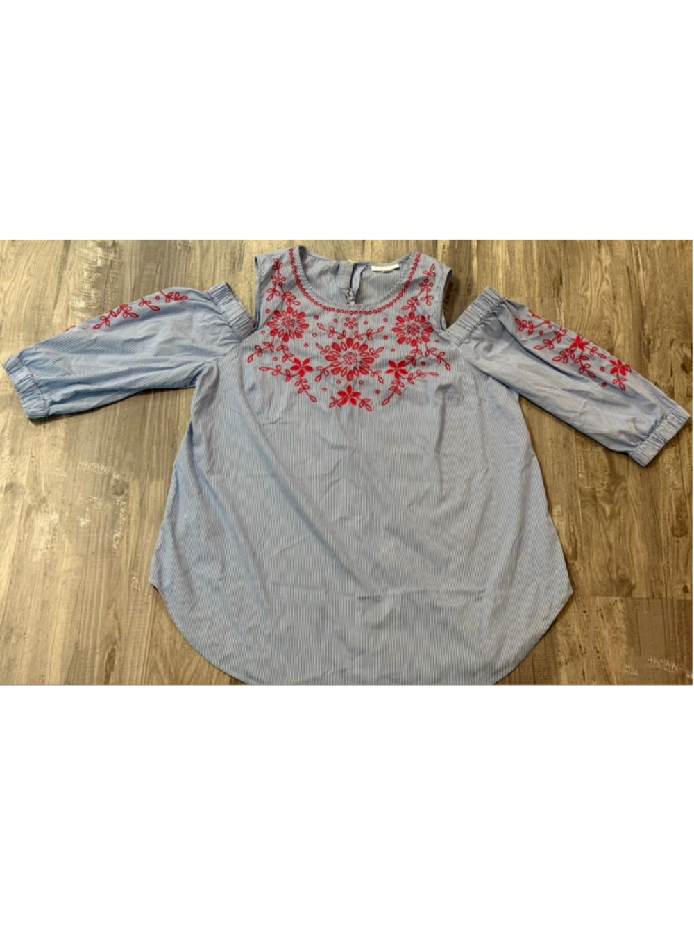 Charter Club XL Cold Shoulder Embroidered Stripe Boho Blouse - Picture 4 of 5